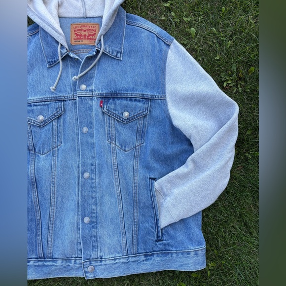 Levi’s Hybrid Hoodie Trucker Jean Jacket Mens XL Vintage Fit Blue Gray Hooded - Picture 5 of 10